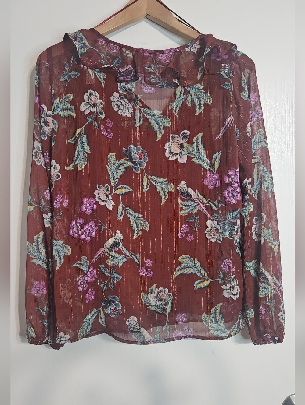 Floral Ruffle V-Neck Long Sleeve Blouse - Burgundy - Picture 2 of 4
